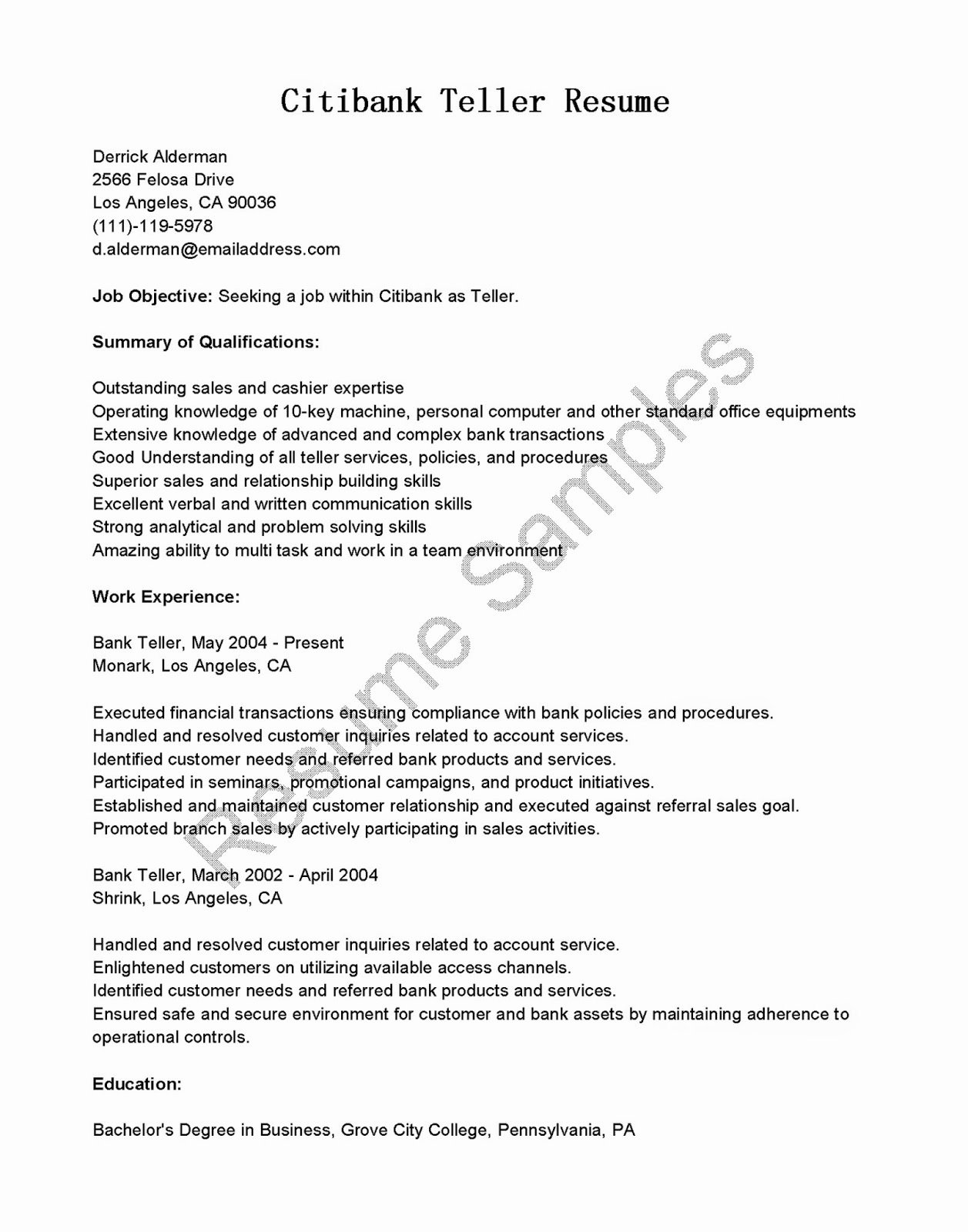 Resume Samples Citibank Teller Resume Sample