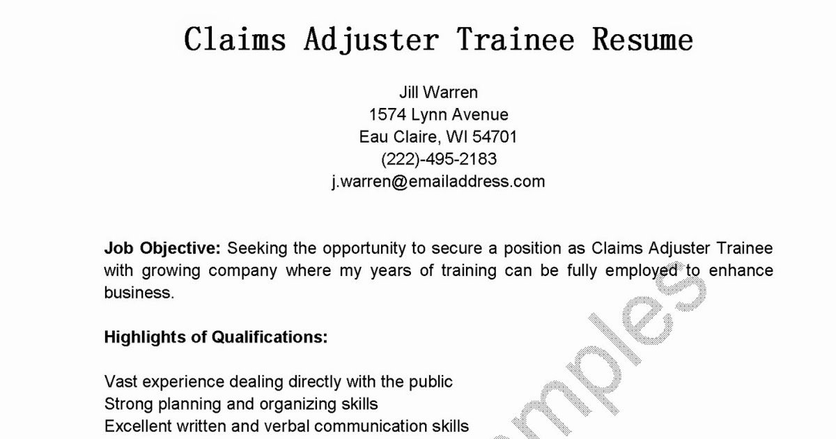 Resume Samples Claims Adjuster Trainee Resume Sample