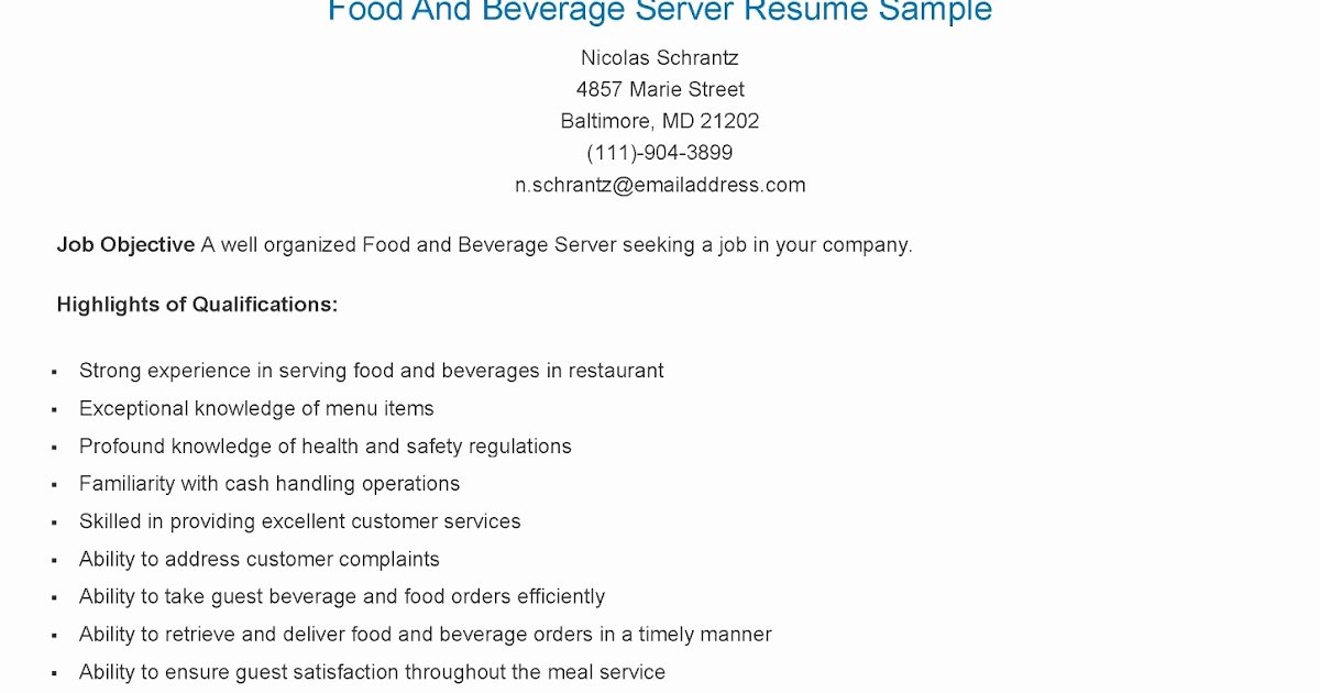 Resume Samples Food and Beverage Server Resume Sample