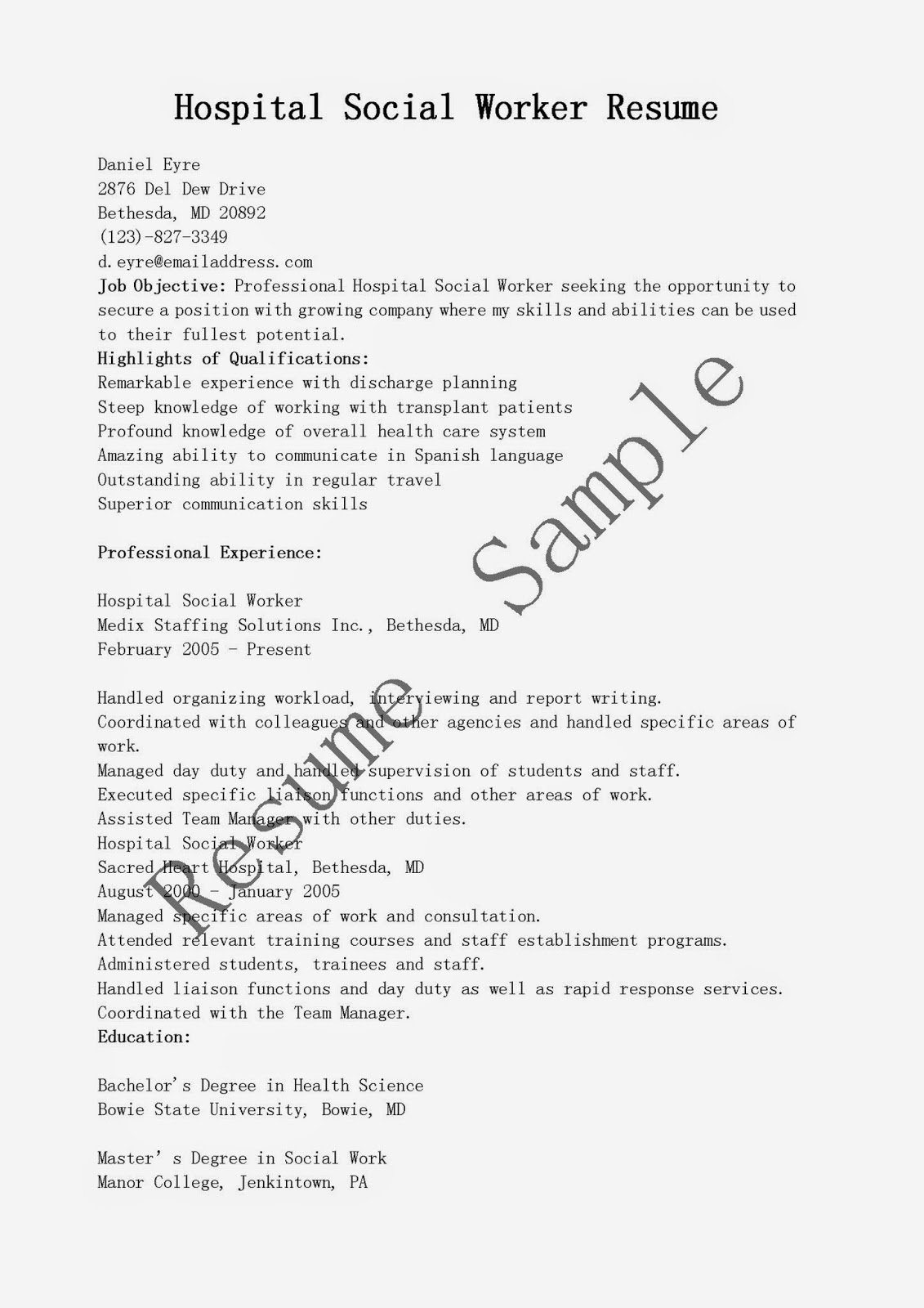 hospital social worker resume sample