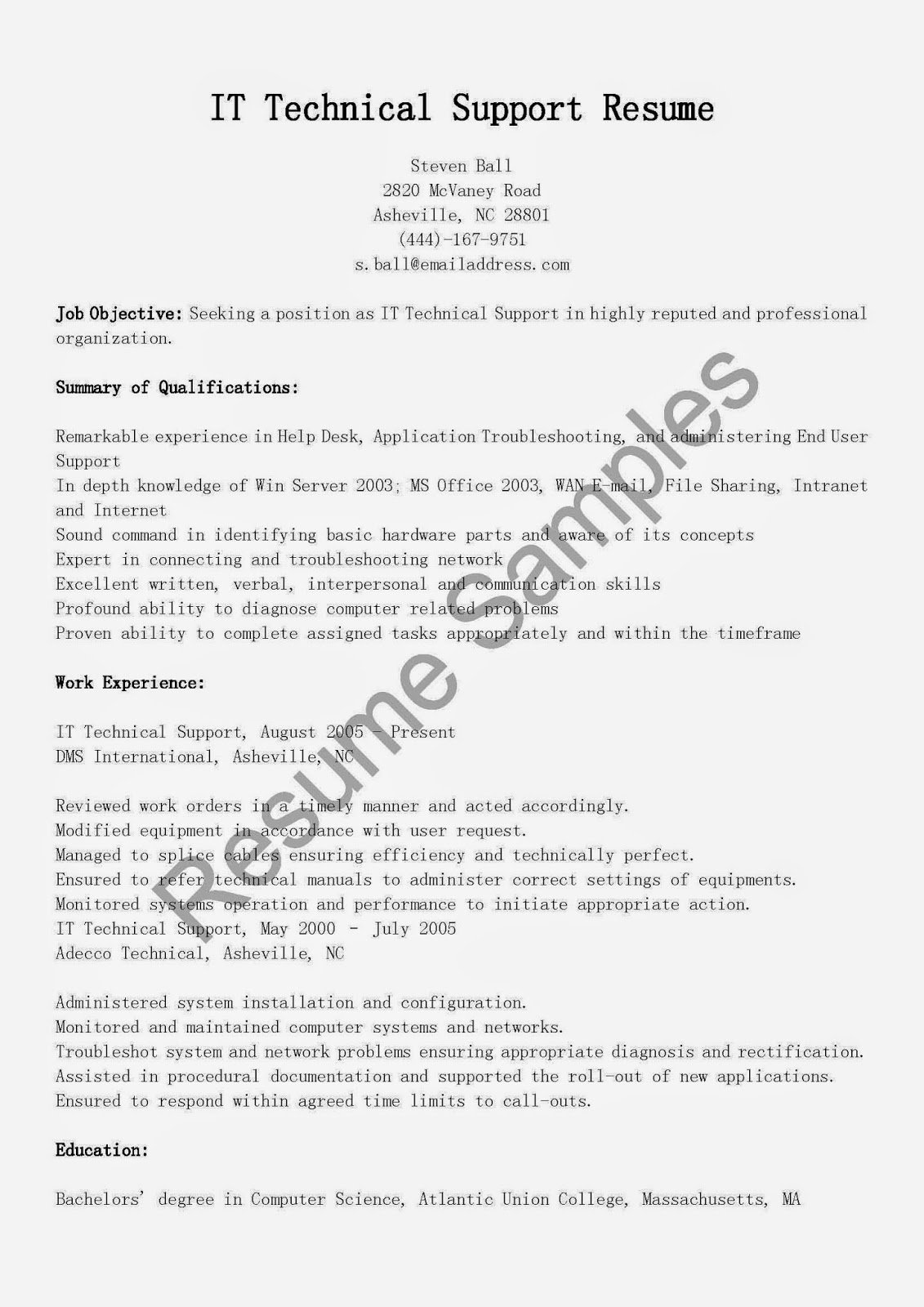 Resume Samples It Technical Support Resume Sample