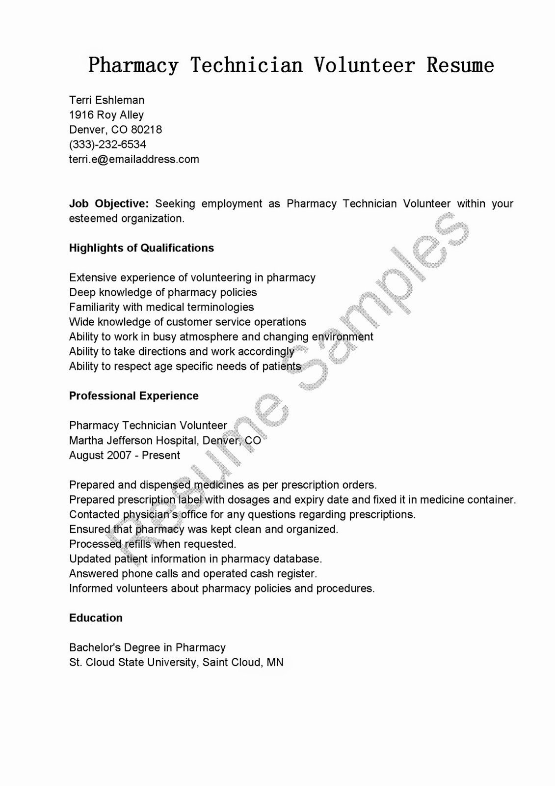 Resume Samples Pharmacy Technician Volunteer Resume Sample