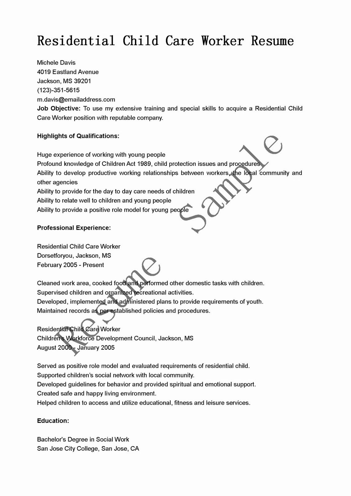 Resume Samples Residential Child Care Worker Resume Sample