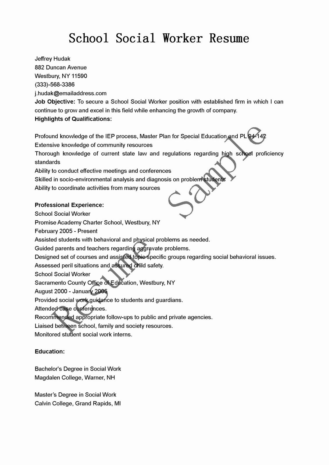 Resume Samples School social Worker Resume Sample