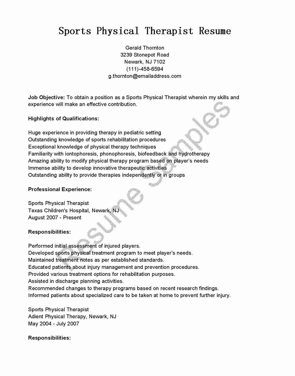 Resume Samples Sports Physical therapist Resume