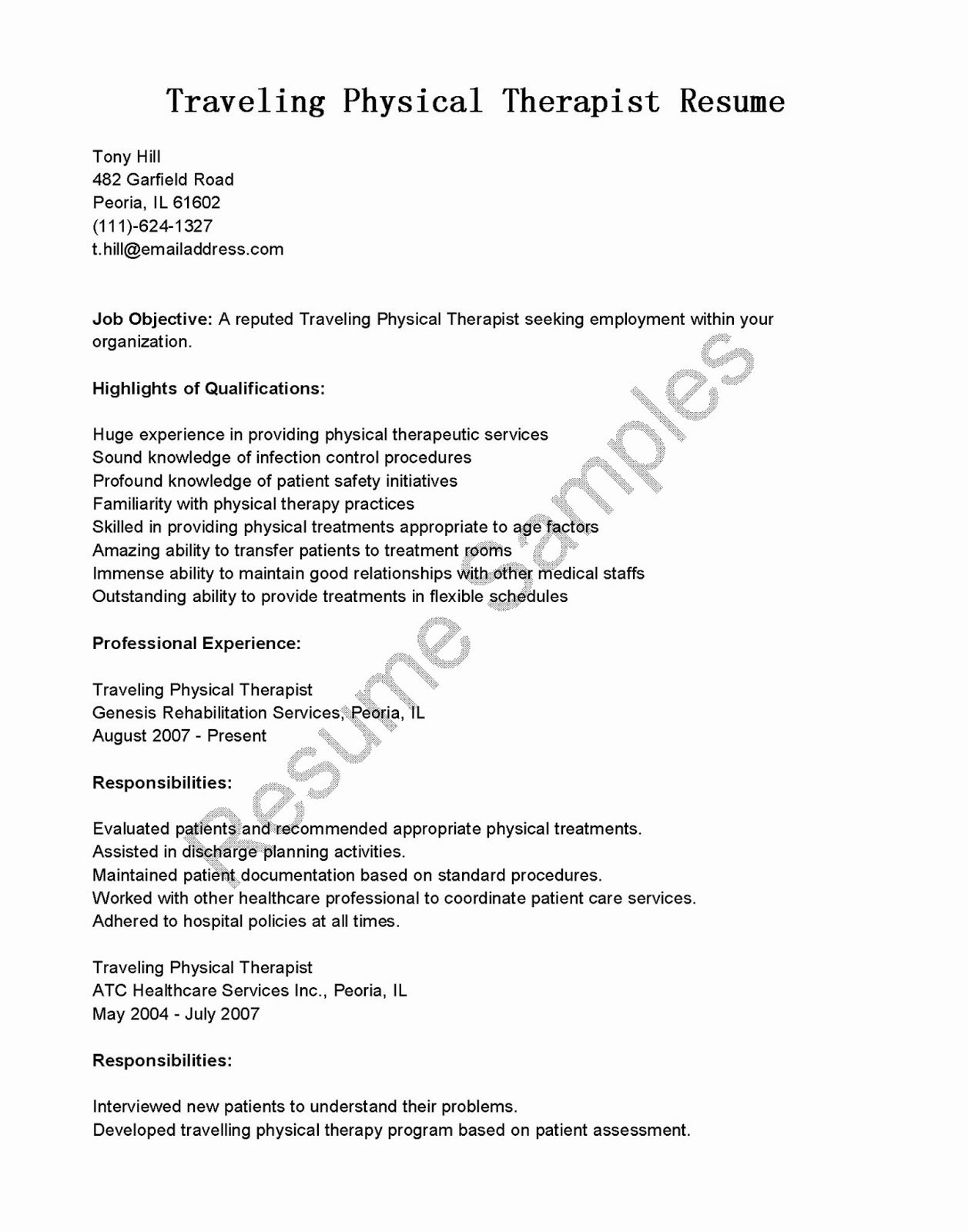 Resume Samples Traveling Physical therapist Resume