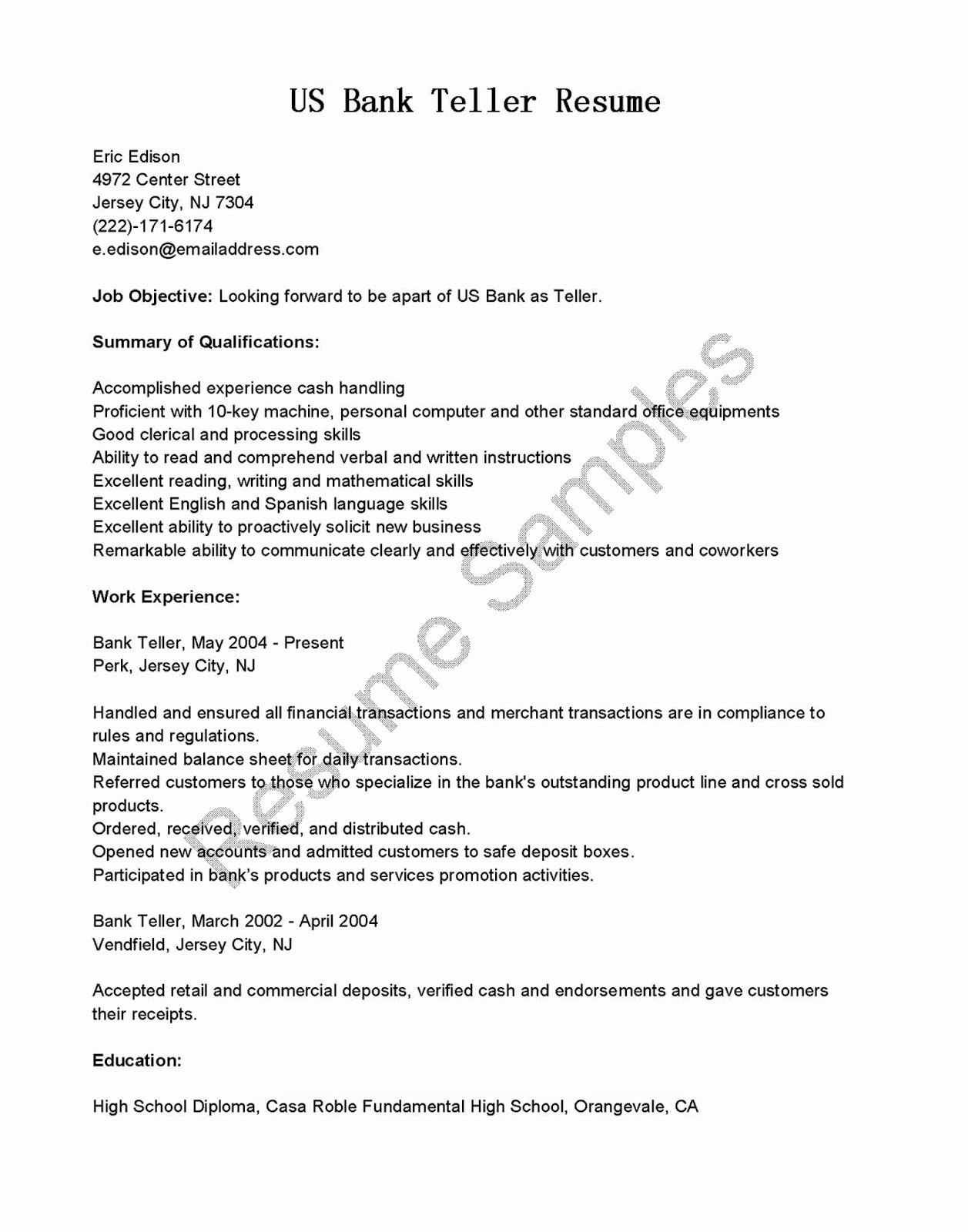 us bank teller resume sample