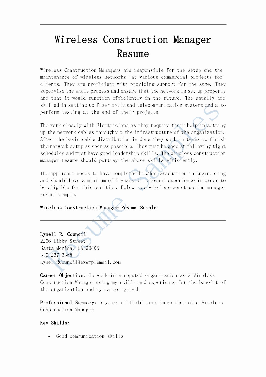 Resume Samples Wireless Construction Manager Resume