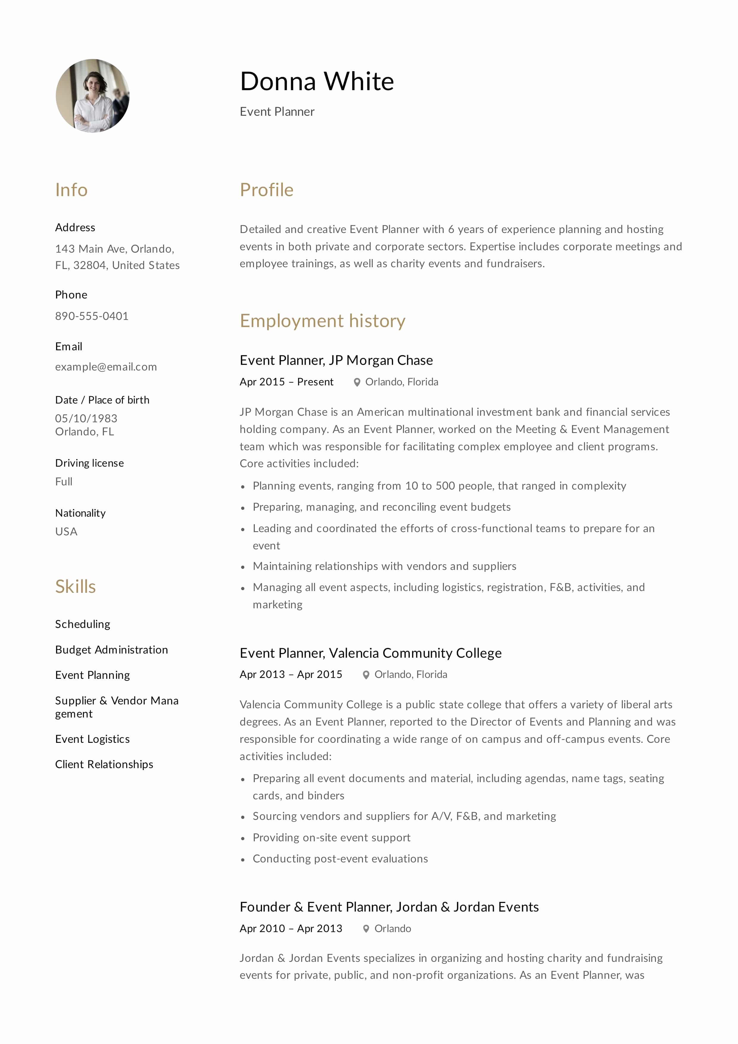 Resume Template event Planner