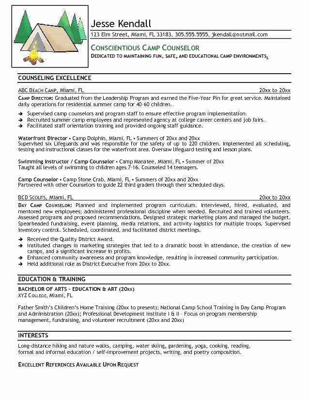 Resume Template for Summer Camp Bud and Actiities Cover