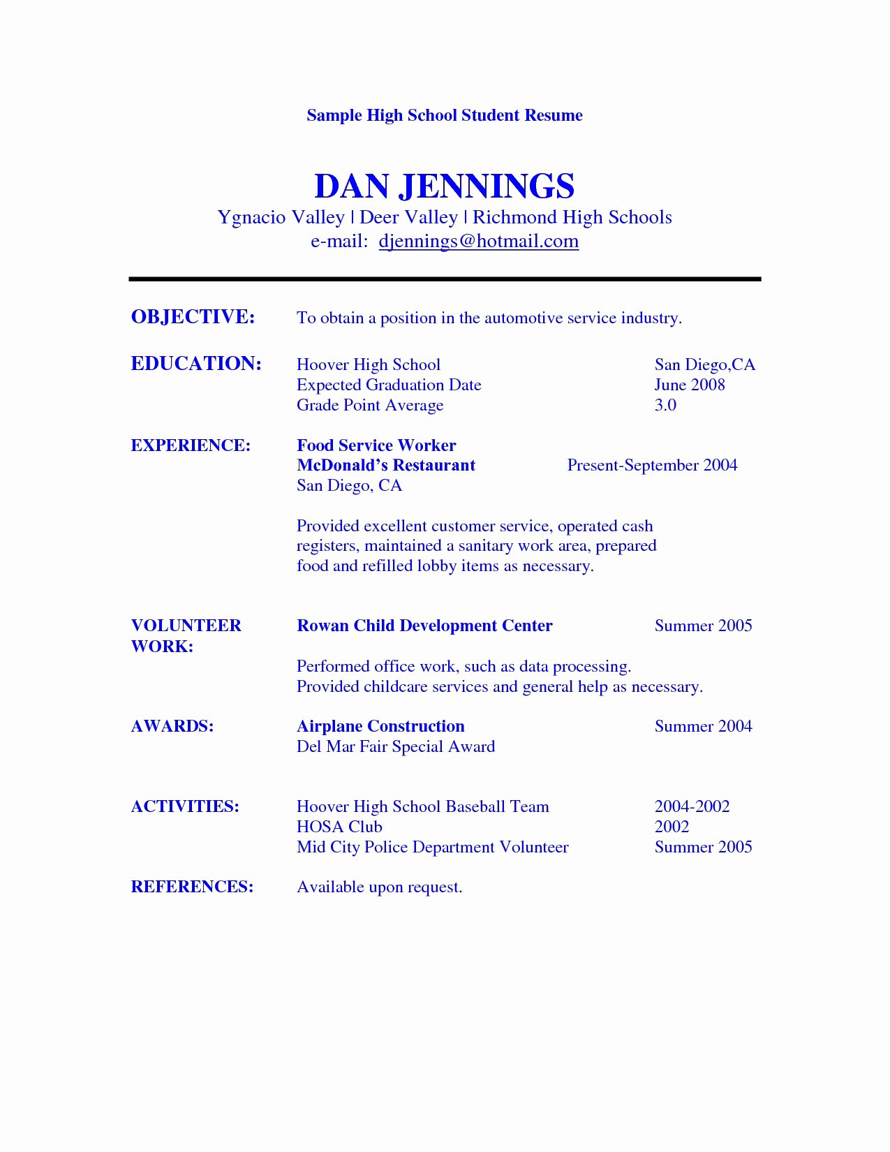 Resume Templates for Highschool Students High School
