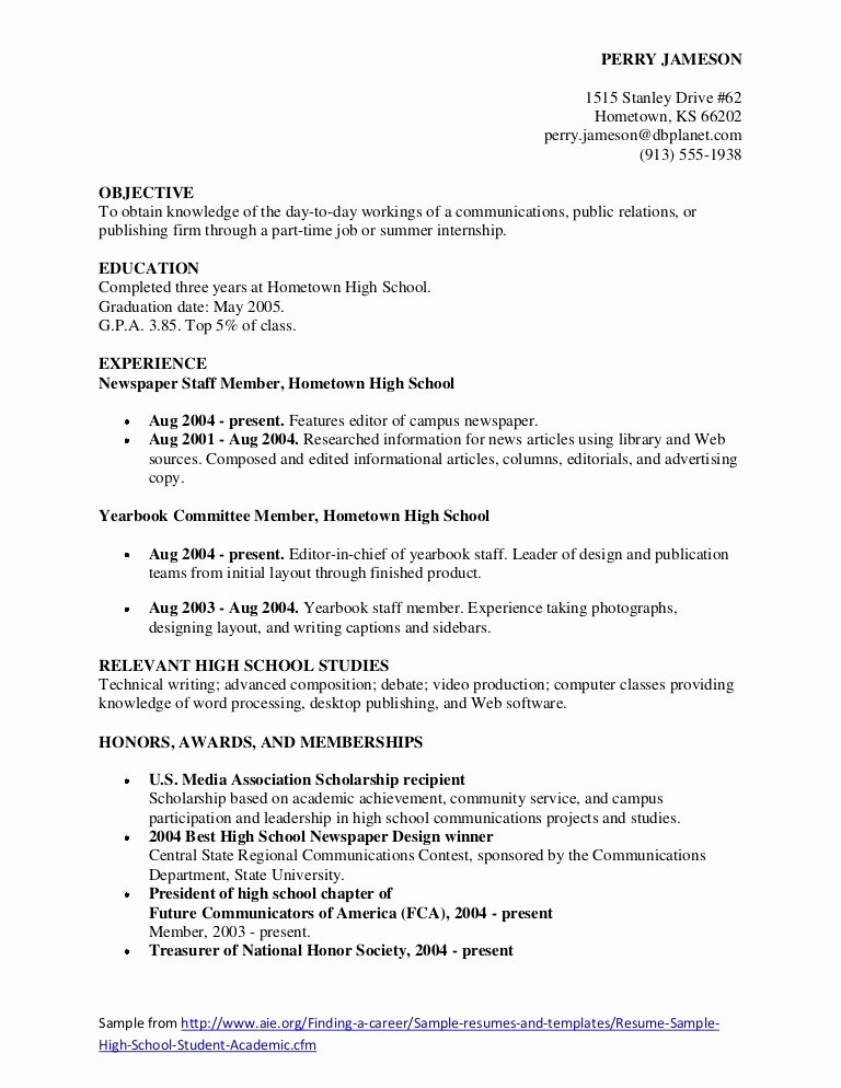 Resumes Samples for High School Students High School