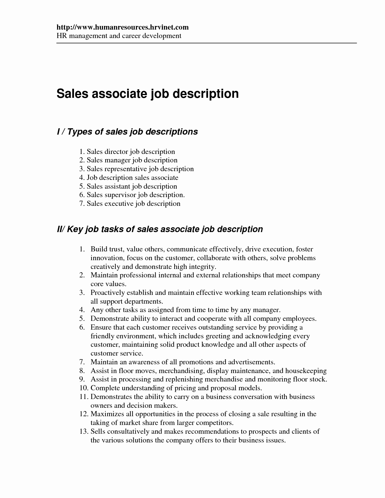 Retail Sales associate Job Description for Resume Resume