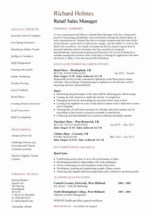 Retail Sales Manager Resume