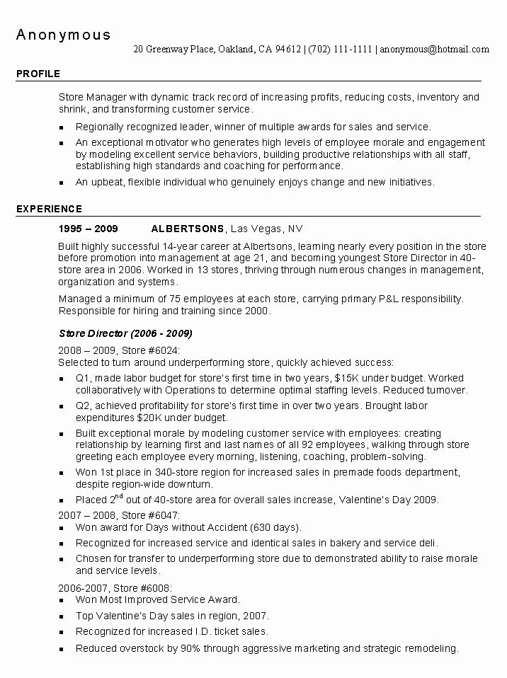 Retail Store Manager Resume Sample Managnment Resumes