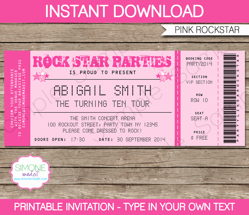 Rockstar Birthday Party Ticket Invitations Template