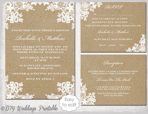 Rustic Wedding Invitation Set Diy &quot;rustic Lace&quot; Printable