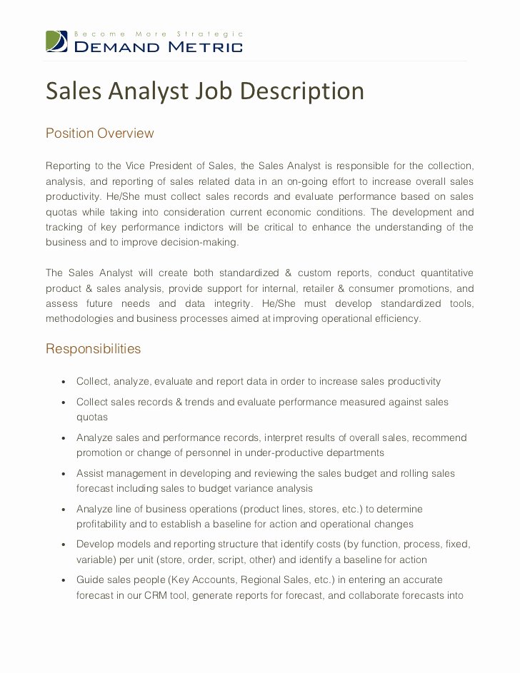 Sales Analyst Job Description