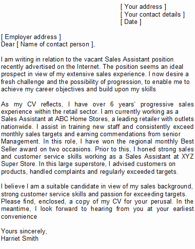 Sales assistant Covering Letter Sample