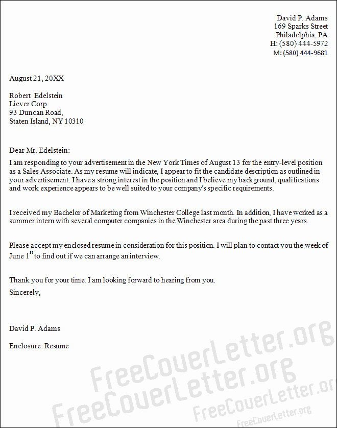 Sales associate Cover Letter Sample