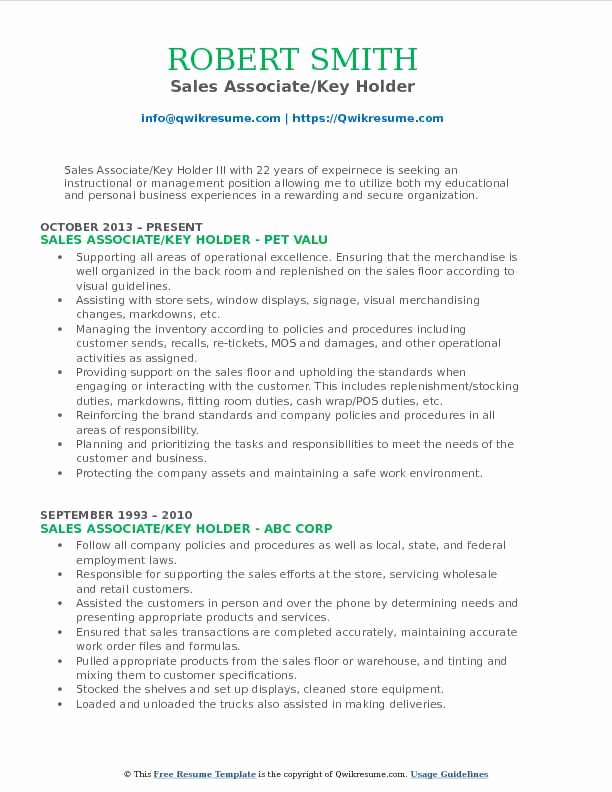 Sales associate Key Holder Resume Samples