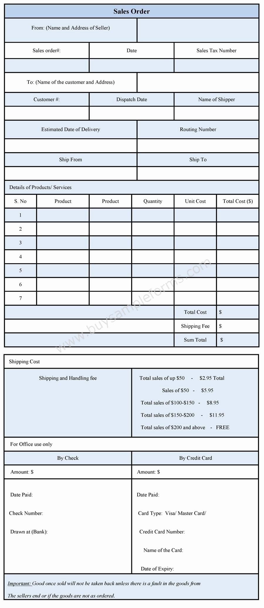 Sales order form