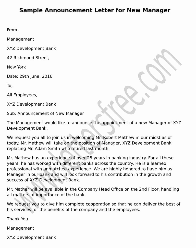 sample announcement letter for new manager