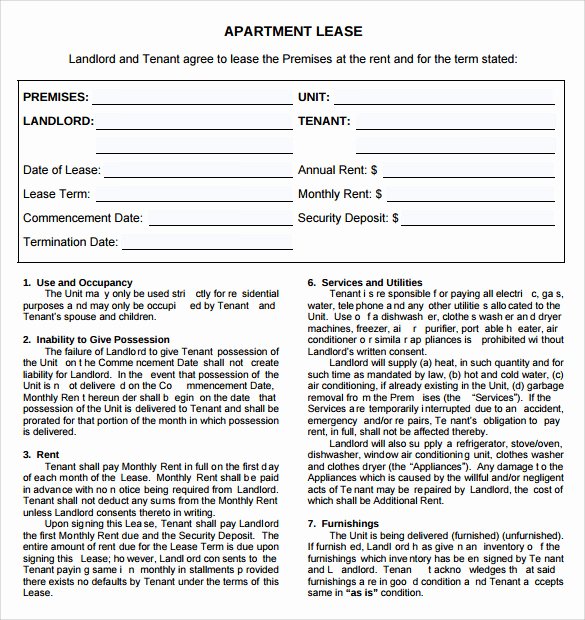 Sample Apartment Rental Agreement Template 7 Free