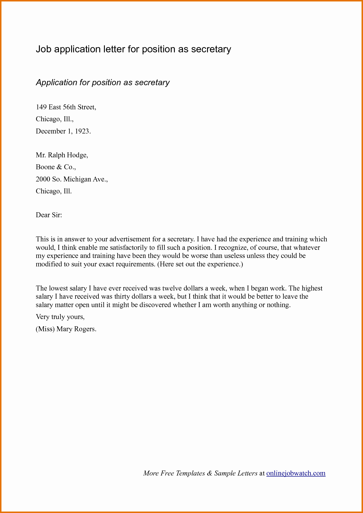 Sample Application Letter for Job Applyreference Letters