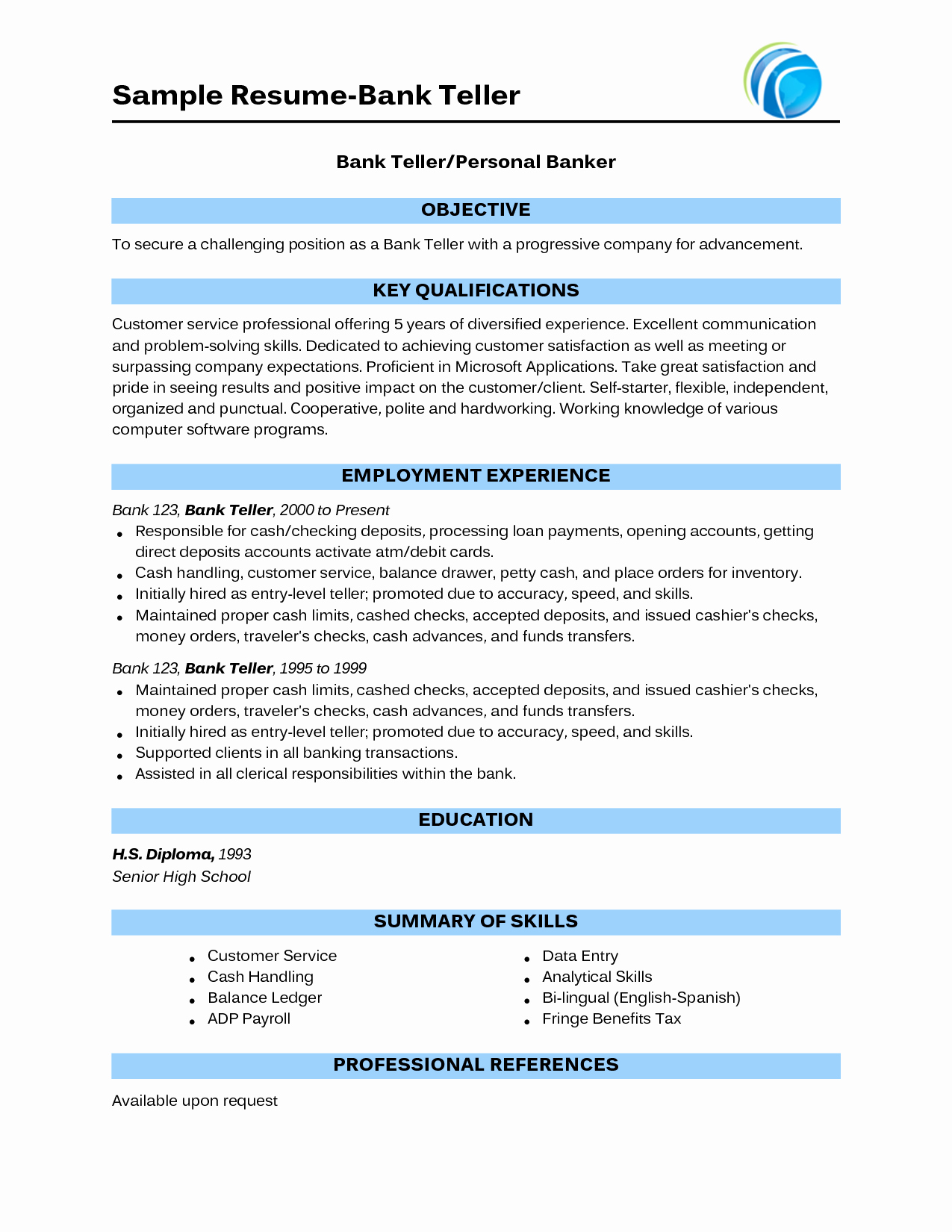 Sample Bank Teller Resume with No Experience
