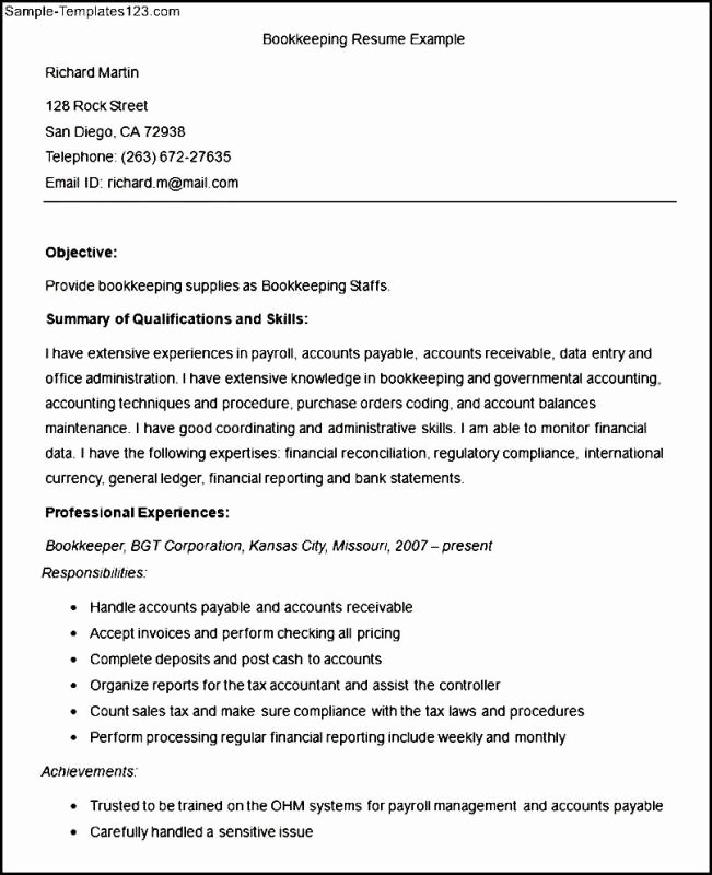 Sample Bookkeeper Resume