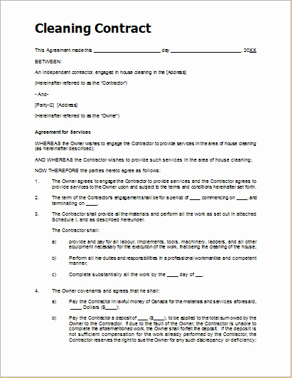 Sample Cleaning Contract Template for Ms Word