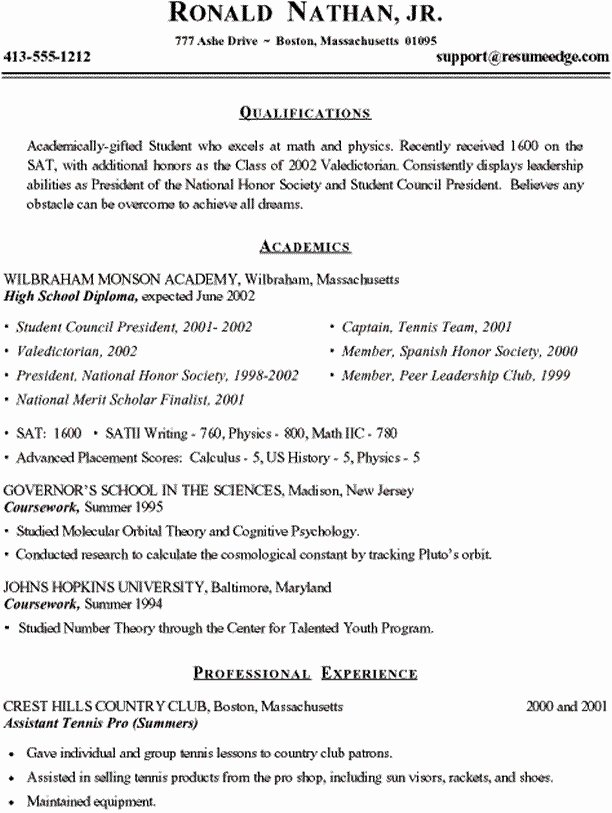 Sample College Resume High School Senior Best Resume
