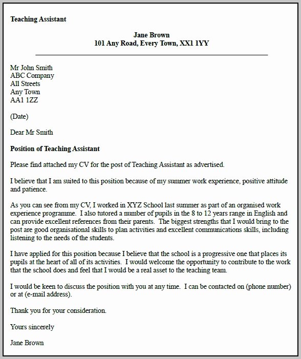 Sample Cover Letter for assistant Teacher Cover Letter