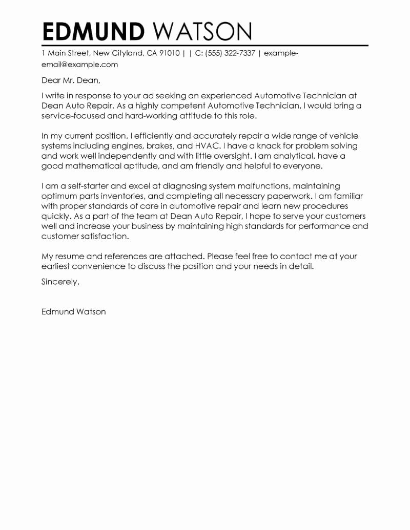 Sample Cover Letter for Automotive Mechanic