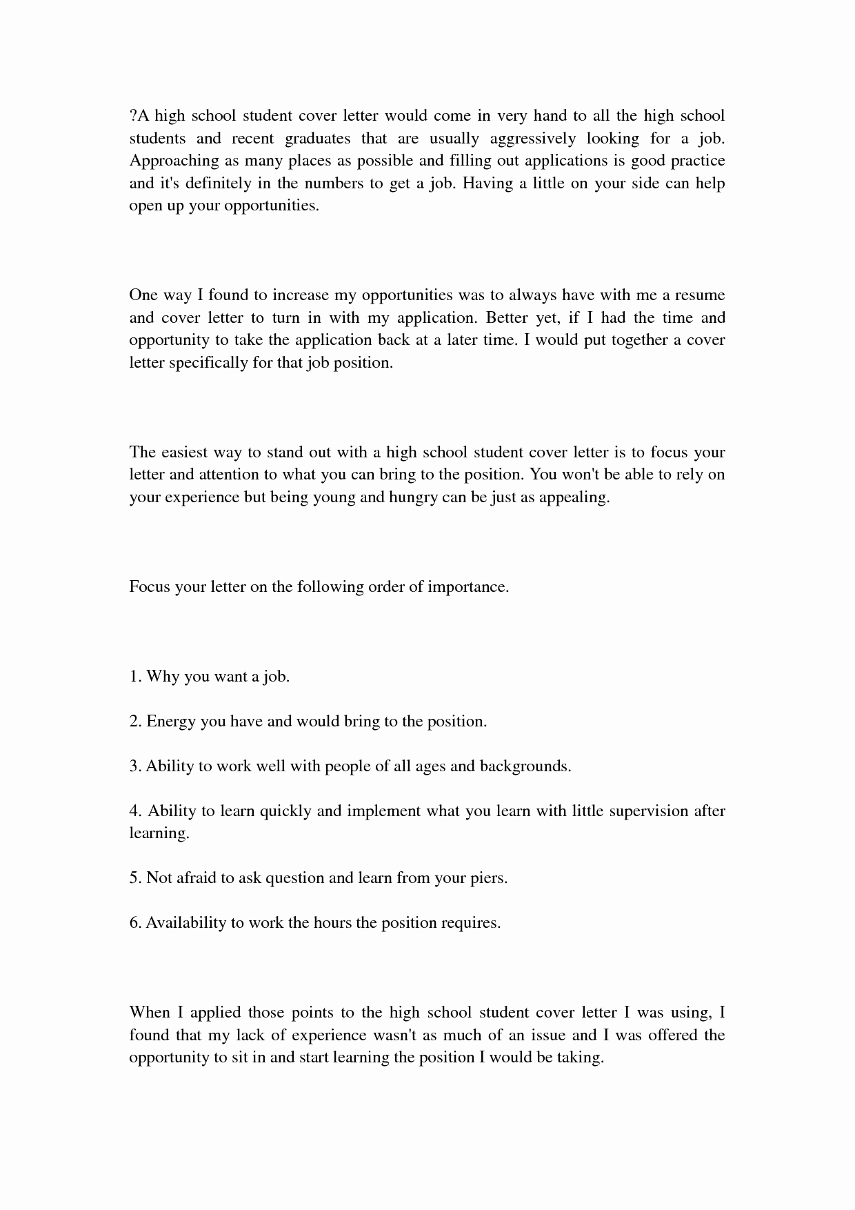 Sample Cover Letter for High School Student with No Work