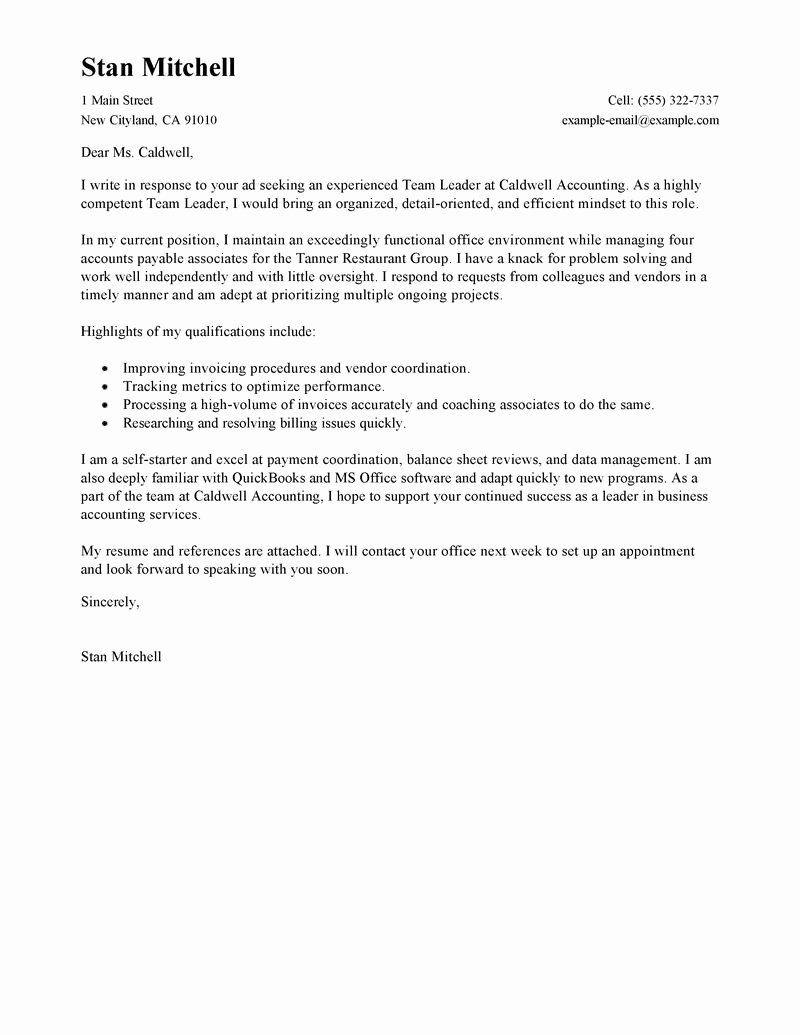 Cover Letter Template For Leadership Position