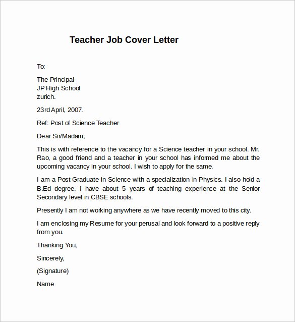 Sample Cover Letter for Teaching Job Application Cover