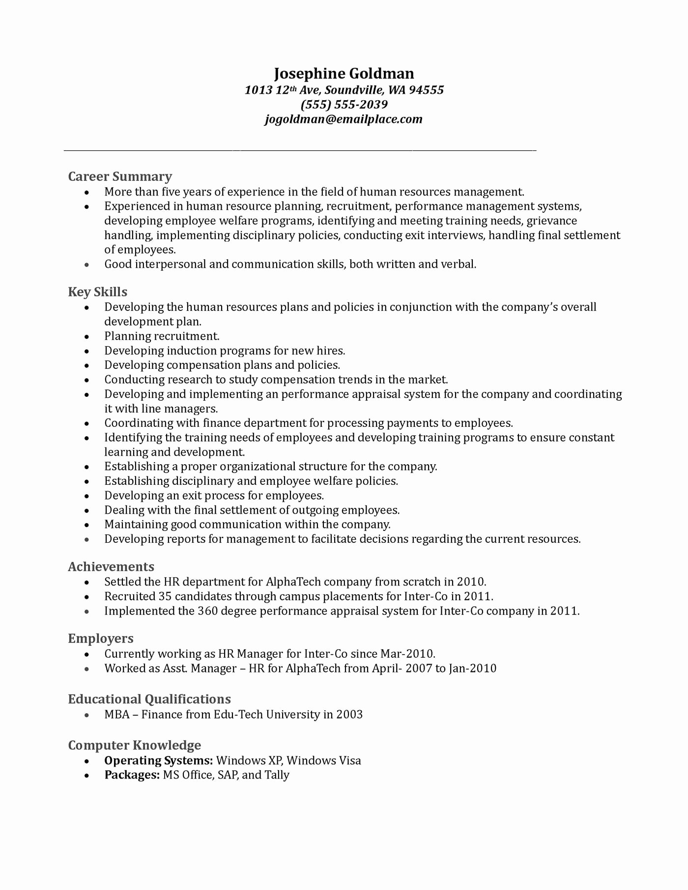 Sample Cover Letter Sample Resume Human Resource Manager