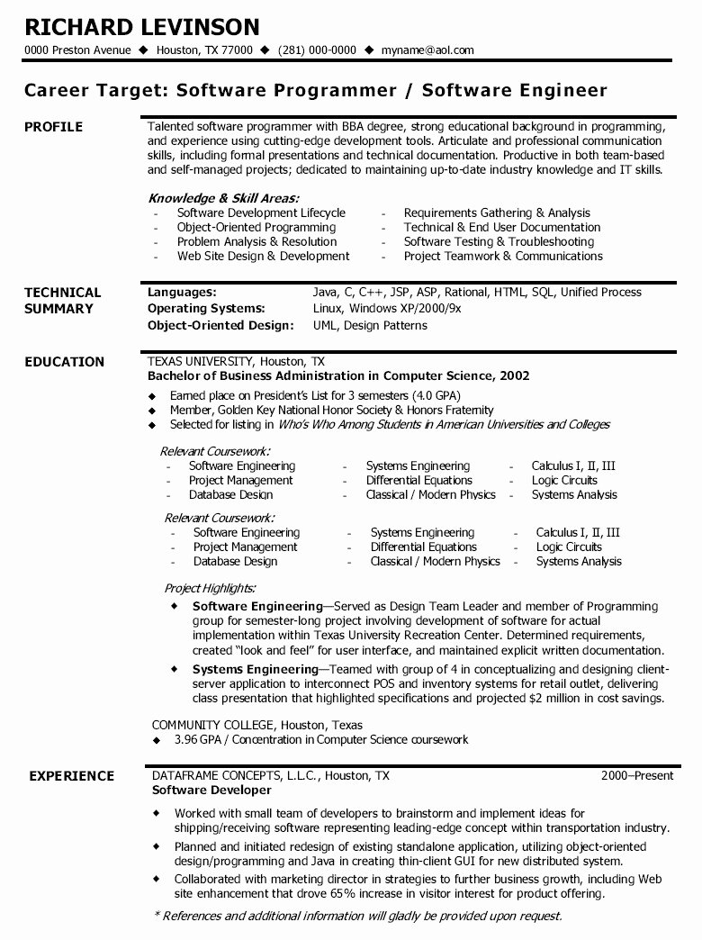 sample cv format for software developer