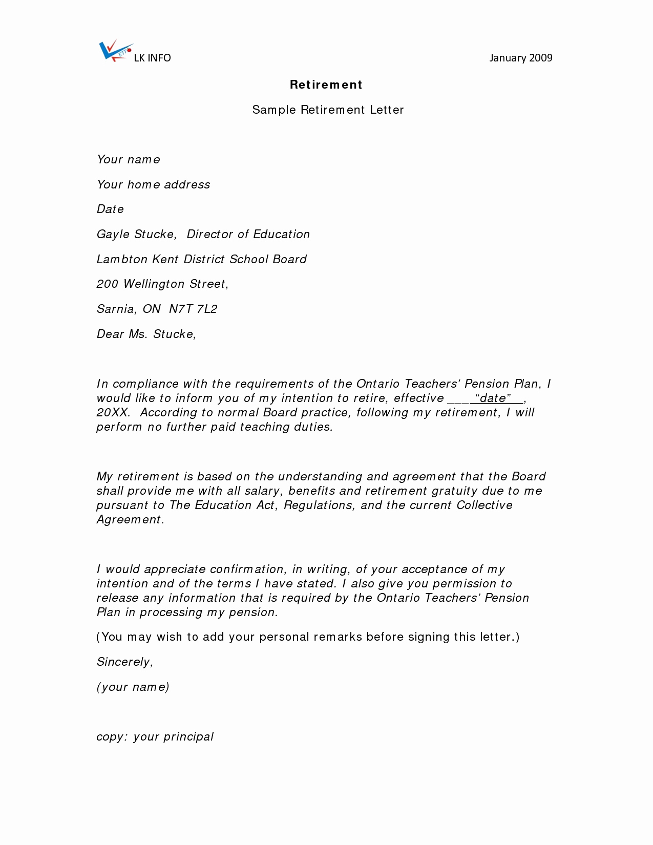 Sample Early Retirement Letter to Employer