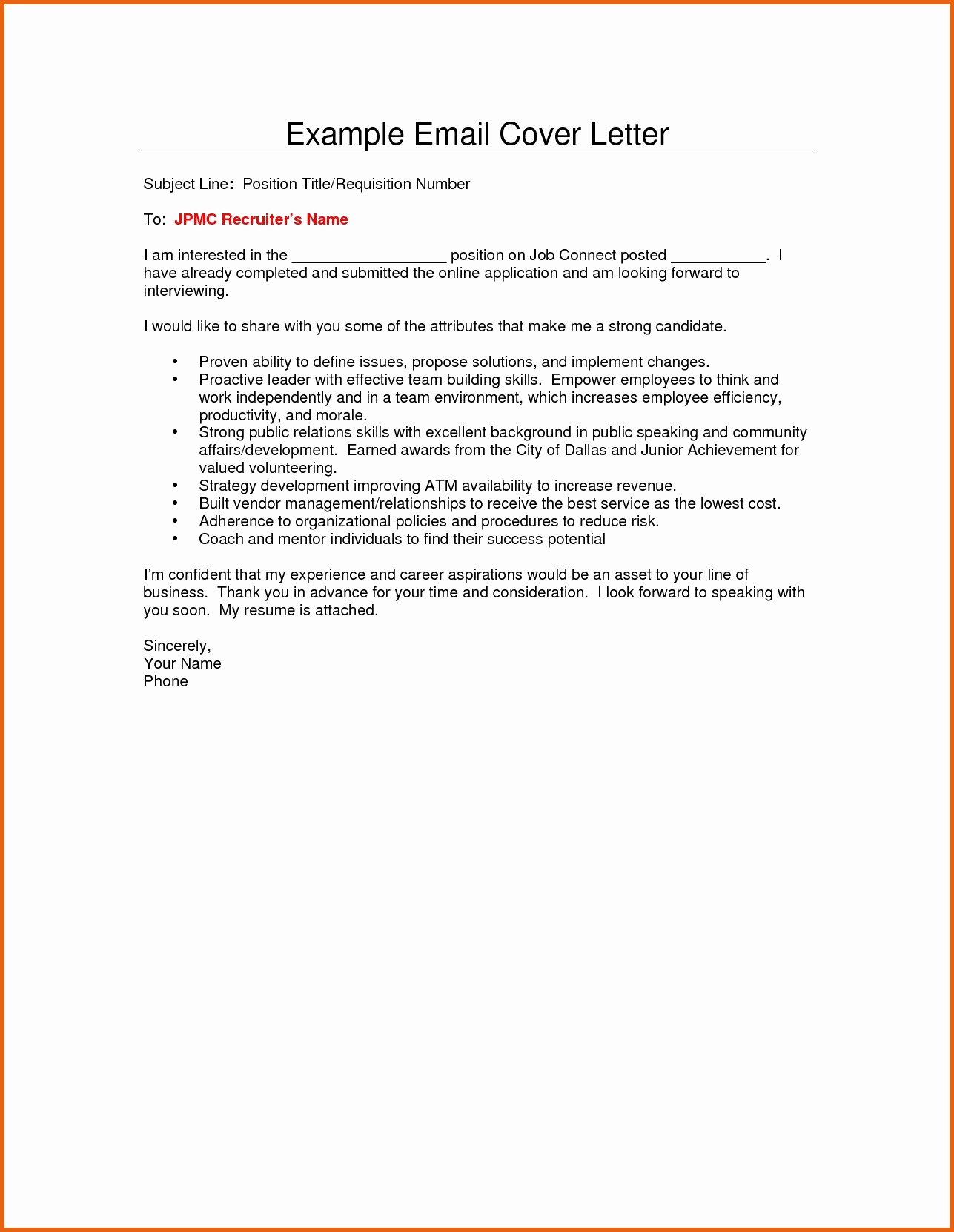 Sample Email to Recruiter with Resume Sample Email