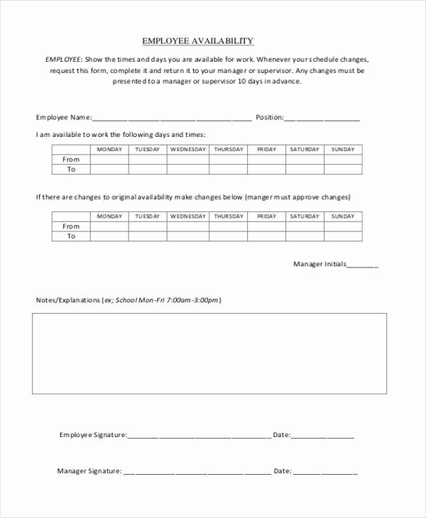 Sample Employee Availability forms 9 Free Documents In