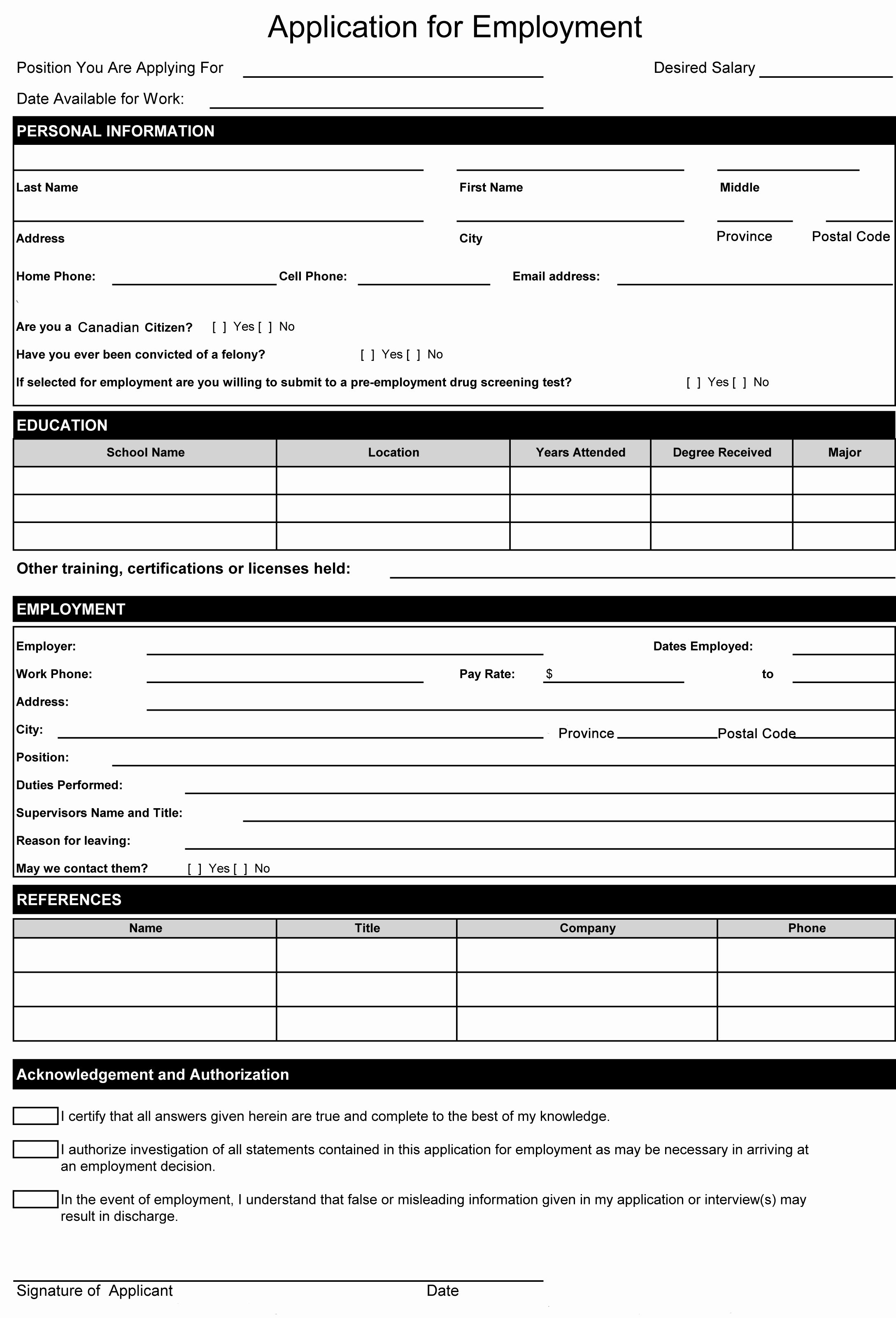 Sample Employment Application form