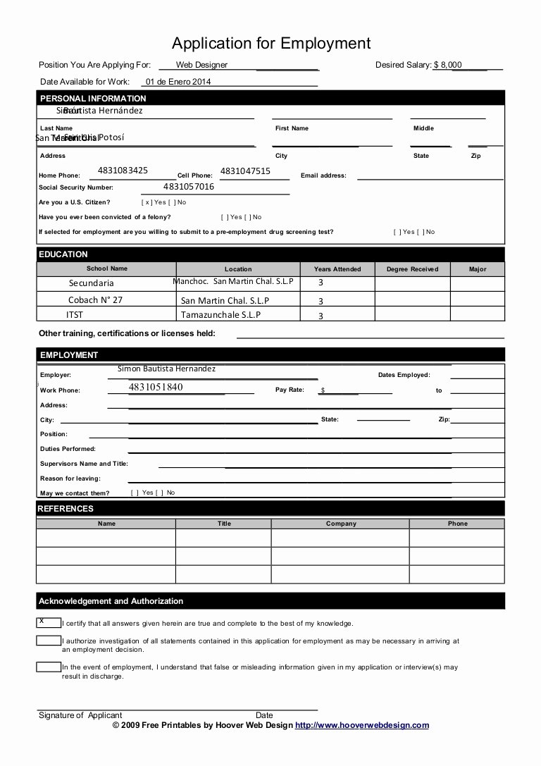Sample Employment Application form Template