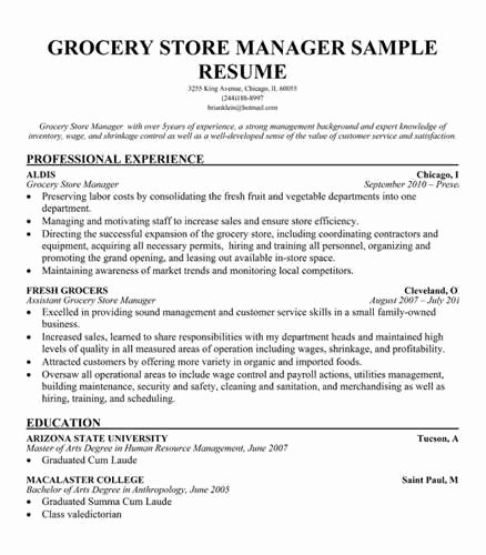 Sample Grocery Store Manager Resume