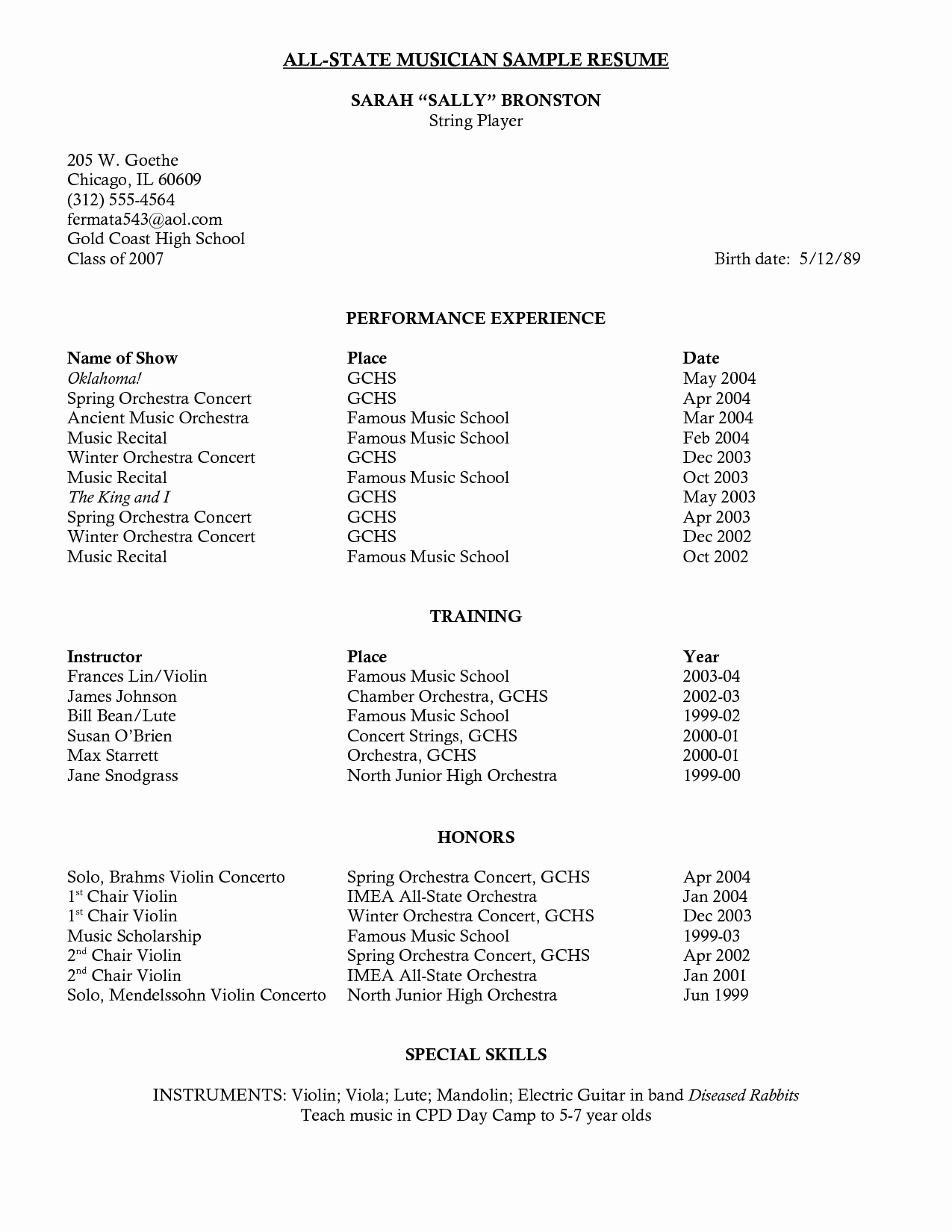 Sample High School Music Resume