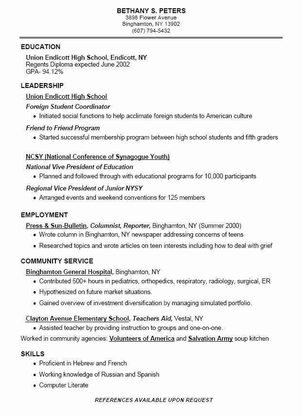 Sample High School Student Resume for College Application