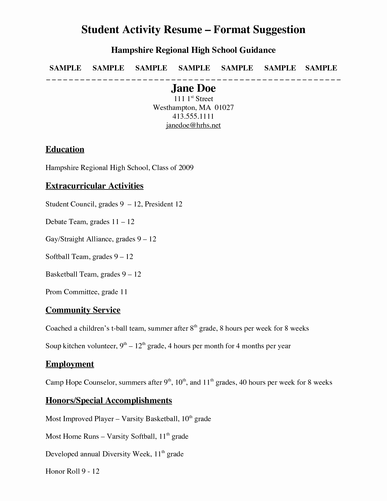 Sample High School Student Resume for College