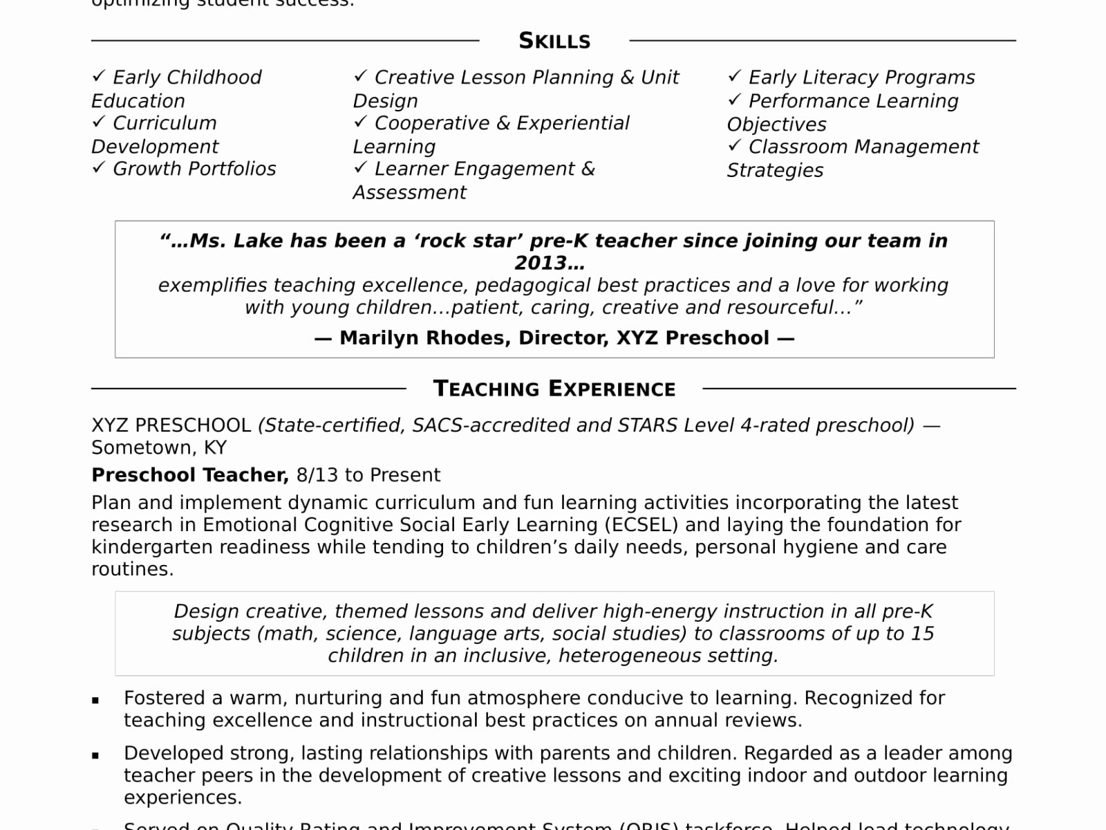 Sample Kindergarten Teacher Portfolio Fresh Resume Example